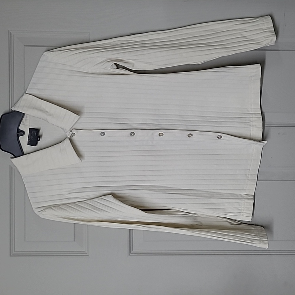Vintage Marc Allan Petite Blouse Cream Shell Buttons Wide Collar Stripe 10